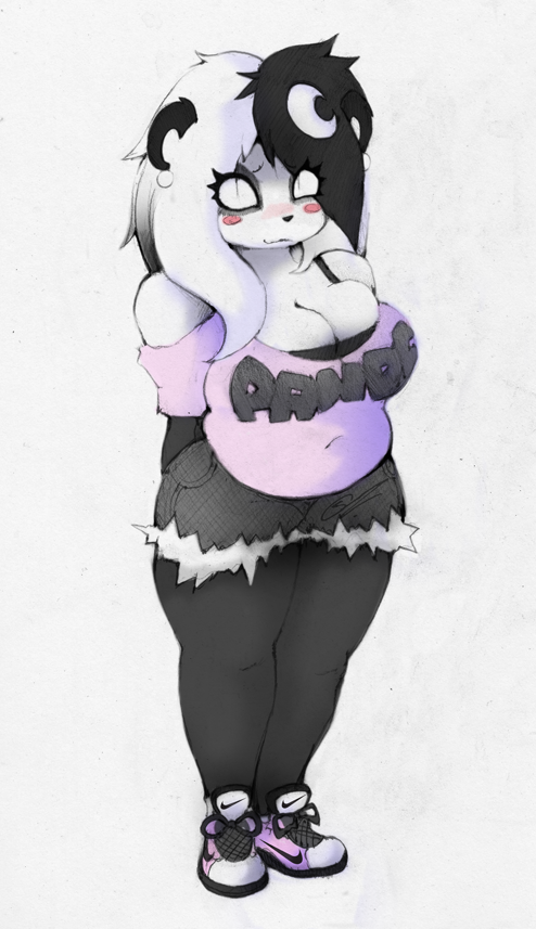 bear big_breasts breasts chubby cleavage cleavage_overflow clothed clothing ear_piercing ear_rings female huge_breasts luna_the_panda_bear mammal panda piercing slit_pupils smutbunny solo trainers urban