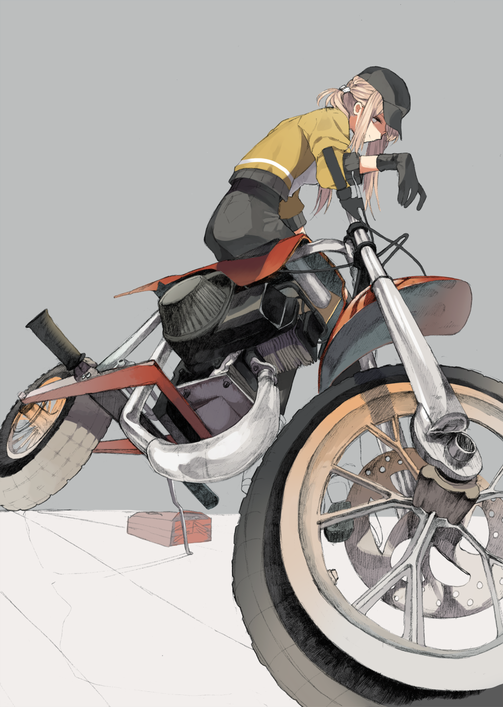 bad_id bad_pixiv_id baseball_cap blonde_hair dutch_angle foreshortening gloves grey_background grey_eyes ground_vehicle hair_up hat highres jacket kickstand long_hair looking_back motor_vehicle motorcycle muraichi original sidelocks sidesaddle smile solo