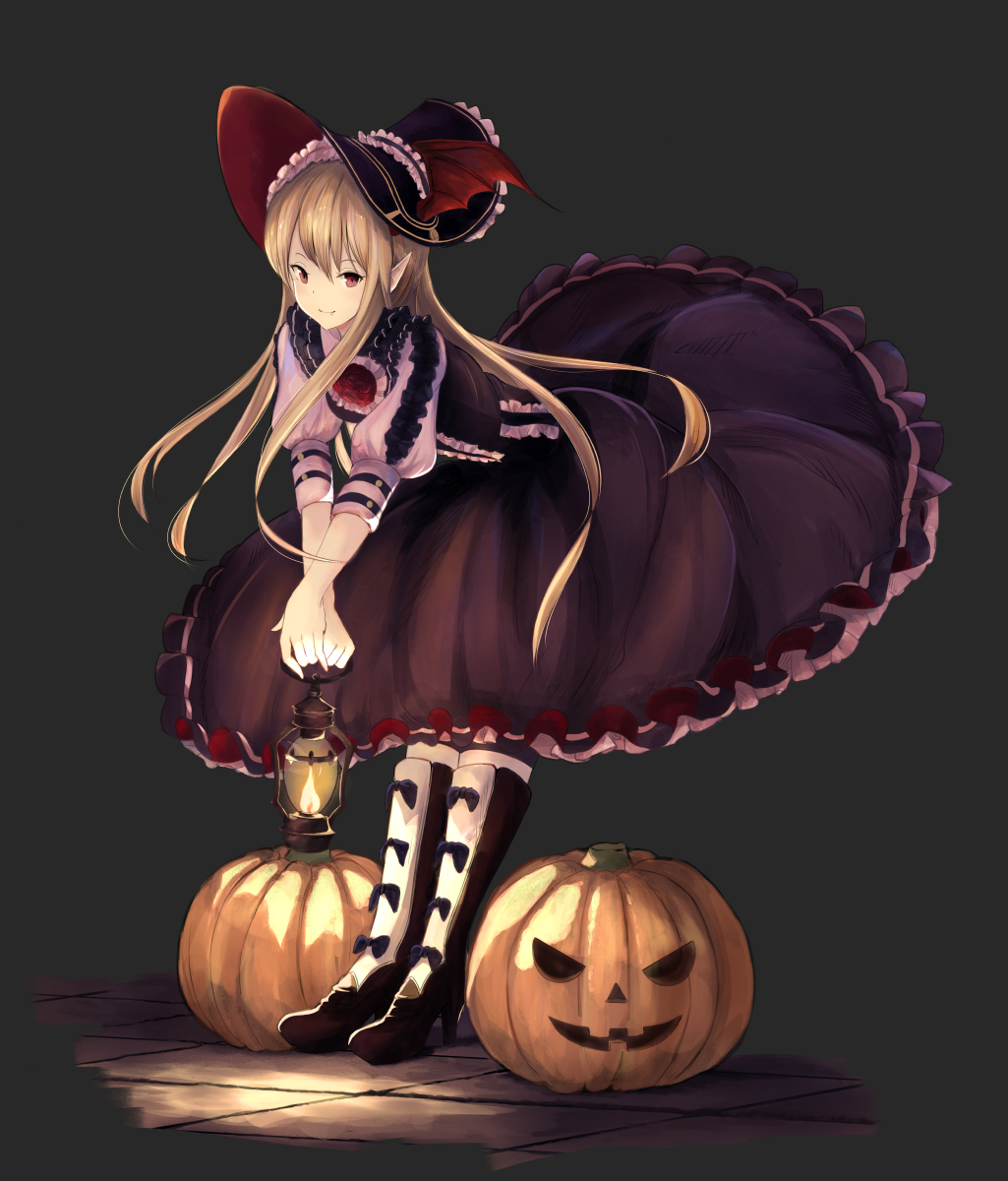 bangs bat_wings blonde_hair boots commentary_request dress fang fire flower frilled_dress frills full_body granblue_fantasy grey_background hat head_wings highres holding_lantern jack-o'-lantern lantern long_hair pointy_ears puffy_sleeves pumpkin purple_dress red_eyes rose shingeki_no_bahamut simple_background solo tile_floor tiles vampy wings yukitourou