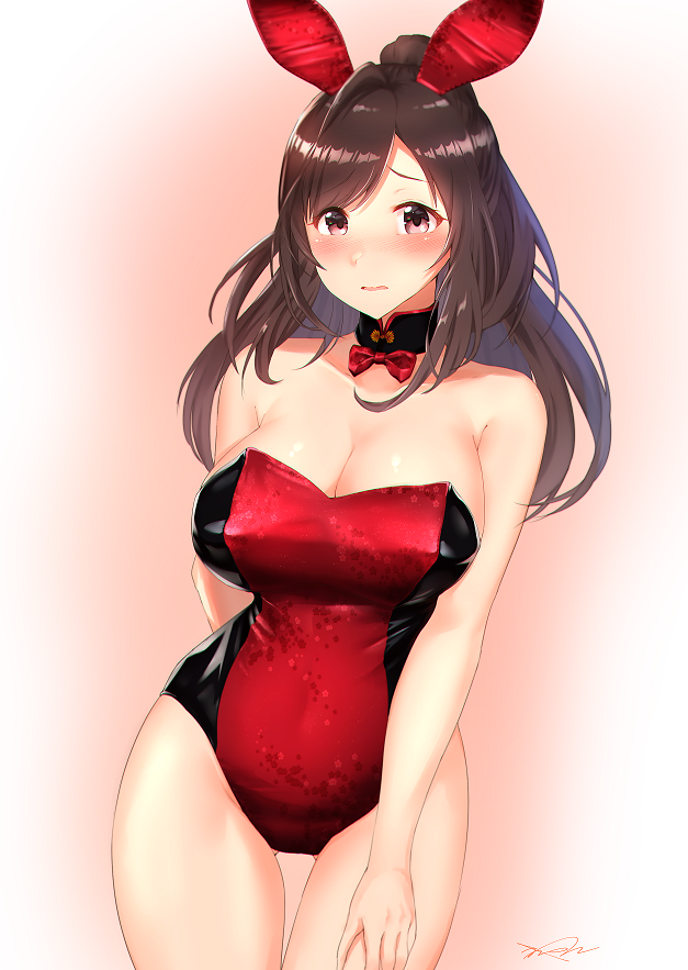 1girl animal_ears arm_behind_back bangs bare_arms bare_shoulders blush bow bowtie breasts brown_hair bunny_ears bunnysuit cleavage collarbone cowboy_shot detached_collar dutch_angle erect_nipples eyebrows_visible_through_hair floral_print gluteal_fold idolmaster idolmaster_shiny_colors large_breasts leotard long_hair looking_at_viewer nose_blush parted_lips ponytail print_leotard purple_eyes red_bow red_leotard red_neckwear signature solo strapless strapless_leotard sweat swept_bangs tareme thigh_gap tsukioka_kogane wattsu