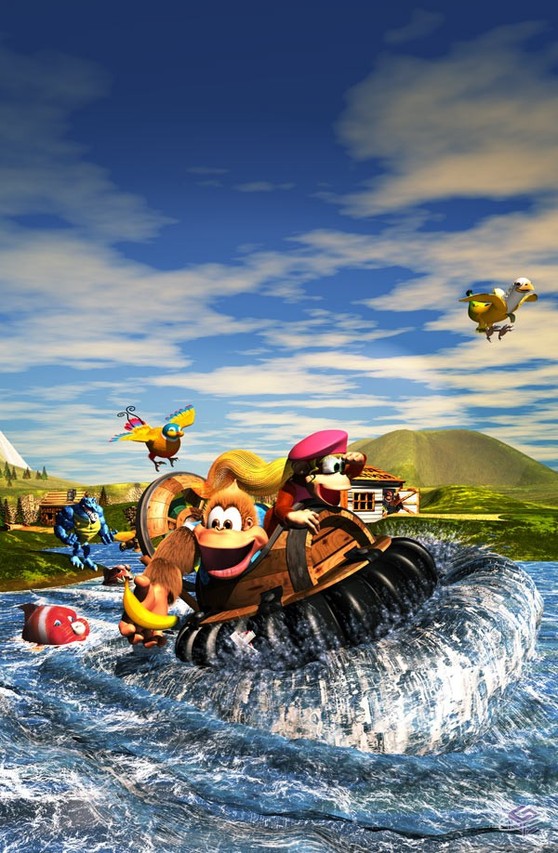 banana_bird bounty_bass dixie_kong donkey_kong_country_3 kiddy_kong krumple nibbla nintendo official_art parry rareware