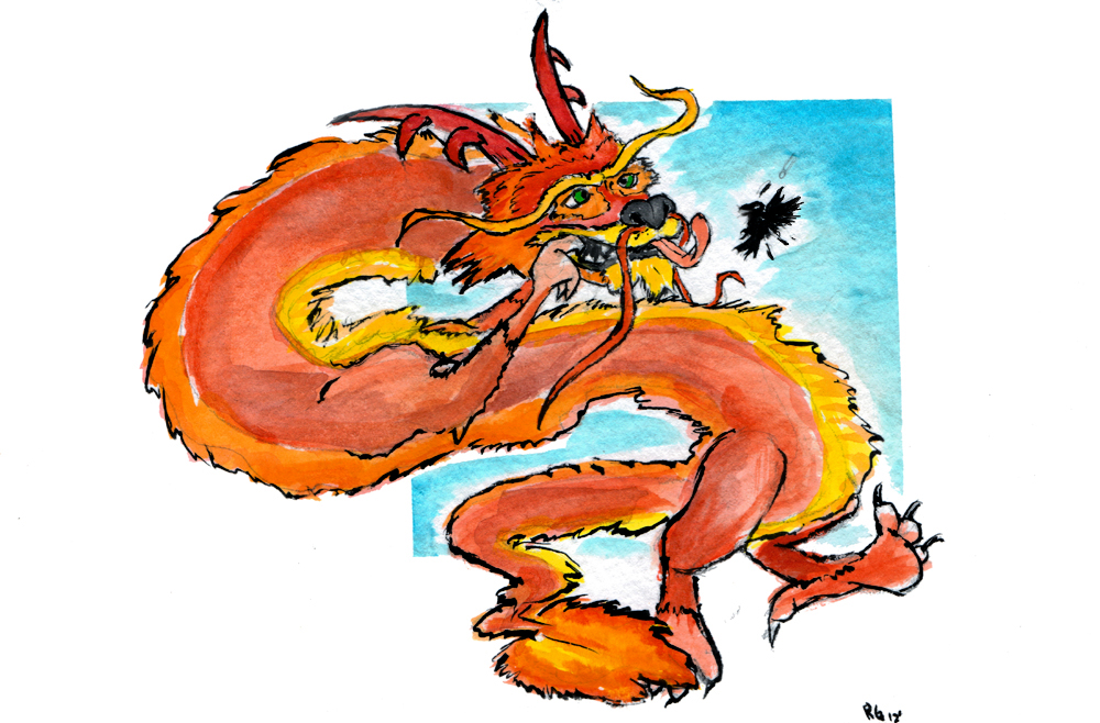 ambiguous_gender avian bird chinese_dragon dragon duo feral furred_dragon green_eyes horn noodle_dragon silly_face size_difference sky surprise tongue traditional_media watercolor watercolour whiskers
