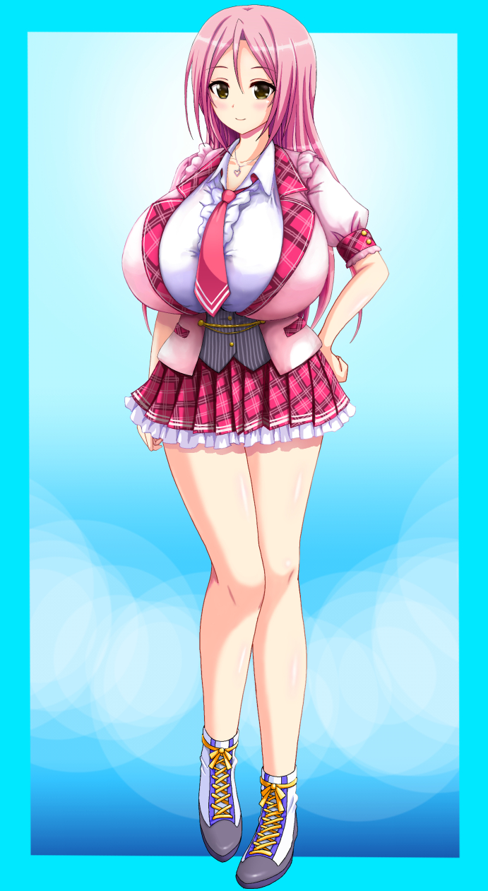 1girl aizawa_momoka blush breasts btk female frilled_skirt frills full_body honoo_no_haramase_paidol_my_star_gakuen_z huge_breasts long_hair necktie pink_hair shiny shiny_skin shirt shoes simple_background skirt smile solo squeez white_shirt yellow_eyes