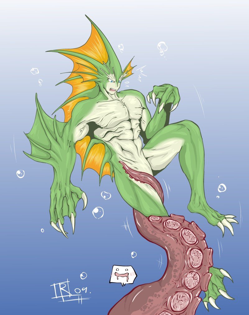 abs aulbath blue_eyes claws dorsal_fin emoticon fins green_skin head_fins male_focus merman monster_boy muscle reho_rakuti tentacles underwater vampire_(game) webbed_hands you_gonna_get_raped