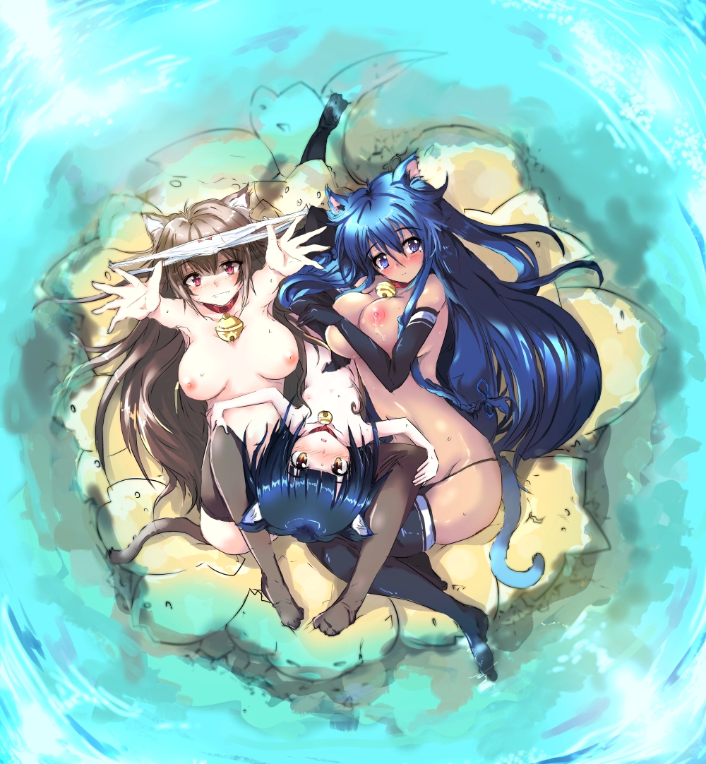 3girls animal_ears bell bell_collar blue_eyes blue_hair blush breasts brown_hair cat_ears cat_tail collar echizen echizen_(hvcv) female lactation long_hair looking_at_viewer multiple_girls nipples original panties red_eyes short_hair smile tail thighhighs underwear yellow_eyes