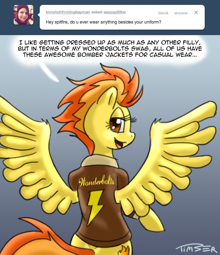 cutie_mark dialog dialogue english_text equine female friendship_is_magic hair horse jacket looking_at_viewer looking_back mammal my_little_pony pegasus pluckyninja pony smile spitfire_(mlp) text timber_(artist) tumblr two_tone_hair wings wonderbolts_(mlp)