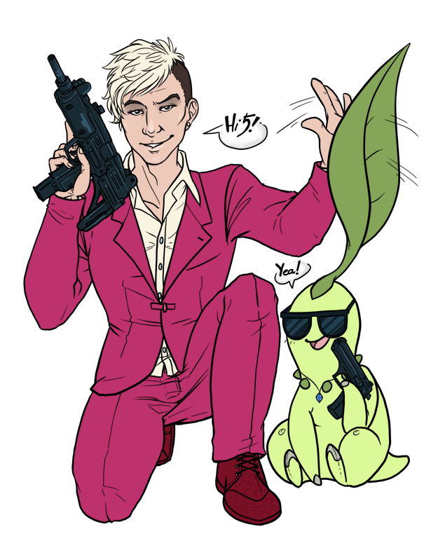 2015 ambiguous_gender chikorita clothed clothing crossover dialogue duo ear_piercing english_text eyewear far_cry far_cry_4 green_skin gun handgun holding_object holding_weapon human jewelry kainbunny kneeling leaf looking_at_viewer male mammal necklace nintendo open_mouth open_smile pagan_min piercing pink_clothing pistol pok&eacute;mon pok&eacute;mon_(species) ranged_weapon smile speech_bubble submachine_gun sunglasses text ubisoft video_games weapon