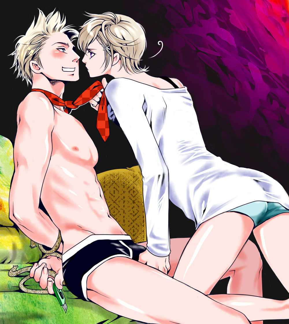 ahoge axis_powers_hetalia bad_id bad_pixiv_id black_briefs blonde_hair blue_briefs blue_eyes blush boxcutter briefs bulge denmark_(hetalia) edging_briefs hair_ornament male_focus multiple_boys necktie nipples norway_(hetalia) purple_eyes rope shirtless smile underwear yaoi