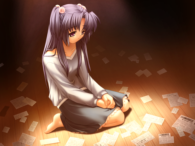 bad_anatomy barefoot clannad game_cg hair_bobbles hair_ornament ichinose_kotomi long_hair official_art paper purple_hair skirt solo two_side_up