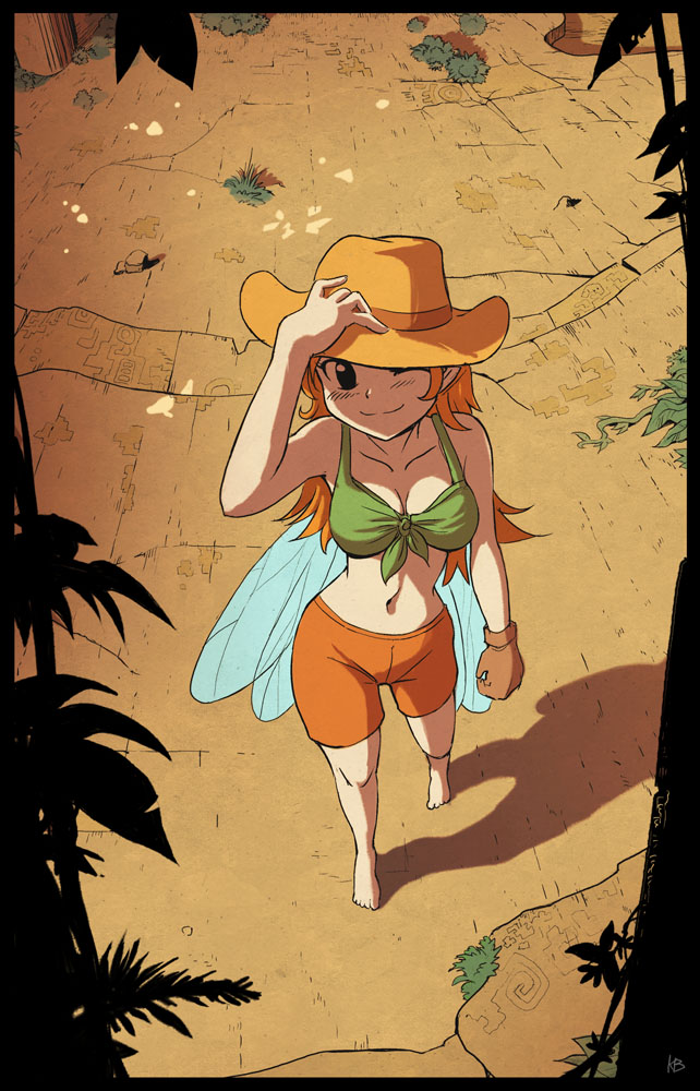 bare_shoulders barefoot bikini_top border fairy fairy_wings felarya from_above front-tie_top gloves hand_on_headwear hat hat_over_one_eye karbo long_hair midriff navel one_eye_closed orange_hair shadow shorts single_glove smile solo subeta wings