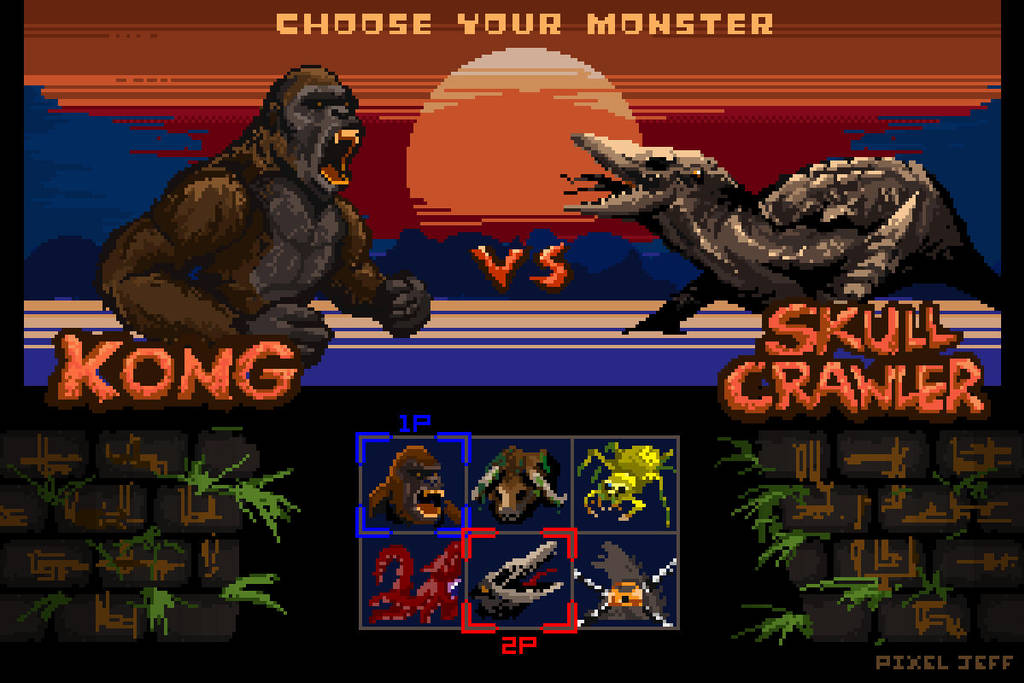 animal ape bug crossover gameplay_mechanics giant_monster godzilla godzilla_(2014) godzilla_(series) gorilla grass horn kaijuu king_kong king_kong_(series) kong:_skull_island legendary_pictures mire_squid monarch monster monsterverse mother_longlegs ocean pixel_art pixel_jeff pixeljeff1995 plant roaring sker_buffalo skullcrawler spider sun text_focus water