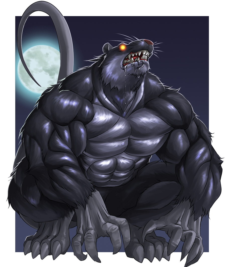 anthro biceps big_muscles black_fur claws crouching drooling echin evil fangs fur glowing glowing_eyes grey_fur huge_muscles hyper_muscles male mammal moon muscles nude pecs pose rat rodent saliva solo toe_claws whiskers yellow_eyes