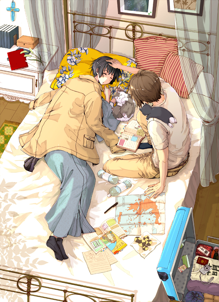 axis_powers_hetalia bed bottle brown_hair cat closed_eyes coat cookie food full_body greece_(hetalia) greece_(nekotalia) japan_(hetalia) japan_(nekotalia) japanese_clothes male_focus map multiple_boys namino_kokoro pen pillow sleeping suitcase water_bottle