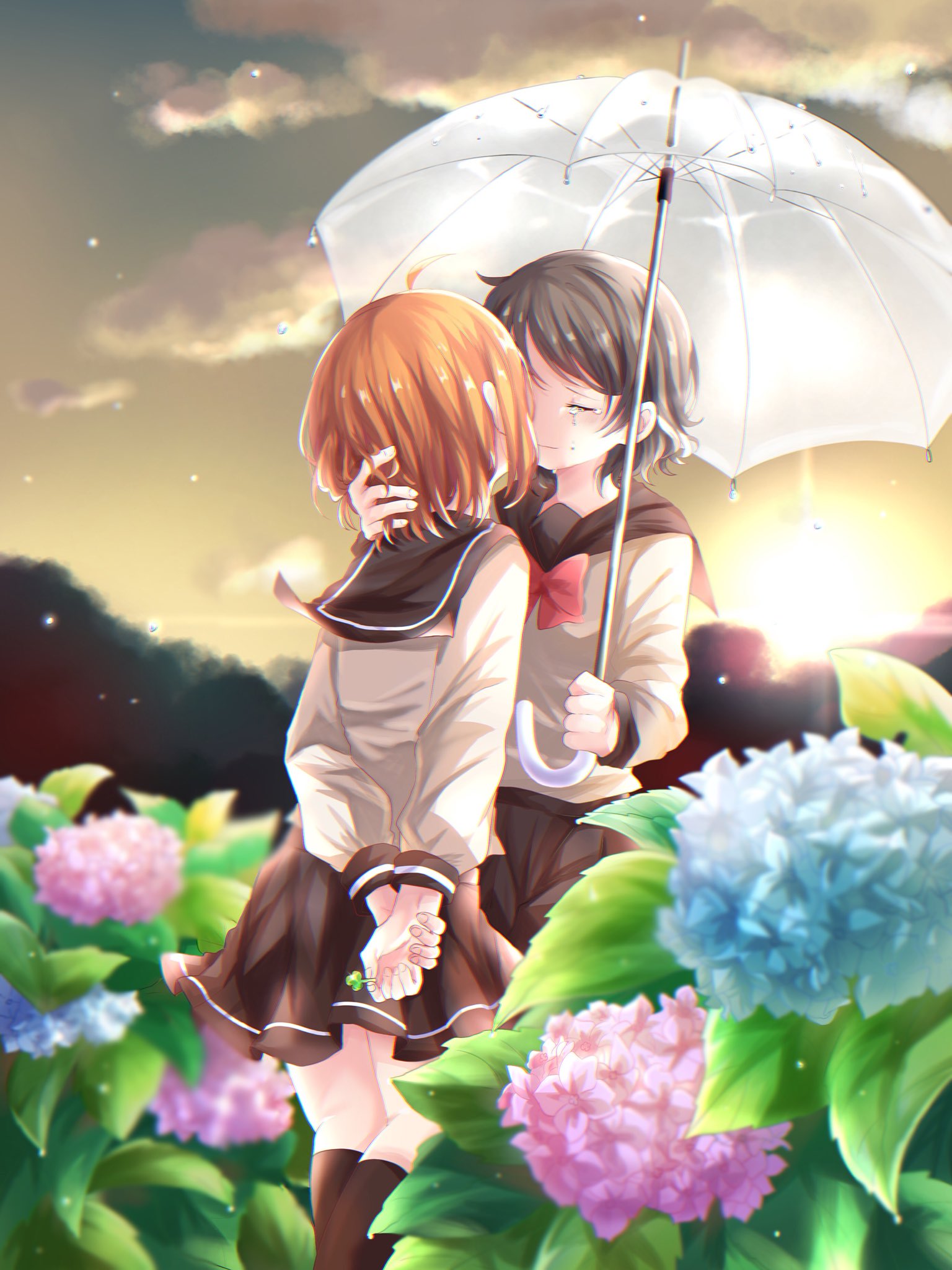 2girls ahoge arms_behind_back black_legwear black_sailor_collar black_skirt blue_flower bow bowtie clover_hair_ornament commentary_request crying dusk eyes_closed face-to-face flower grey_hair hair_ornament hairclip_removed head_grab highres holding holding_hair_ornament holding_umbrella hydrangea kneehighs long_sleeves love_live! love_live!_sunshine!! makura_(makura0128) multiple_girls orange_hair outdoors pink_flower red_neckwear sailor_collar school_uniform serafuku short_hair skirt takami_chika umbrella watanabe_you water_drop yuri