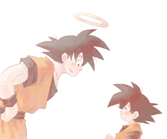 2boys :d :o black_eyes black_hair close-up dougi dragon_ball dragonball_z father_and_son halo hand_on_hip height_difference looking_at_another looking_down looking_up male_focus multiple_boys open_mouth profile sasa_(db) short_hair simple_background smile son_gokuu son_goten spiked_hair standing upper_body white_background wristband