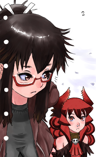 age_regression bad_id bad_pixiv_id black_hair blush_stickers child demon_girl elbow_gloves freckles from_above glasses gloves holding_hands hood hoodie horns long_hair looking_down maou_beluzel multiple_girls ponytail red-framed_eyewear red_eyes red_hair semi-rimless_eyewear snot under-rim_eyewear wattman wavy_hair yonezawa_natsumi younger yuusha_to_maou