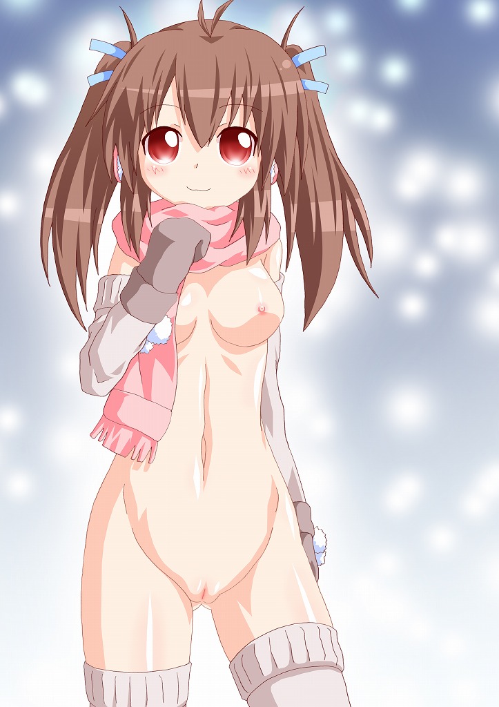 arm_warmers blush breasts gloves kagerou_(kers) leg_warmers medium_breasts naked_scarf navel nipples nude original pussy red_eyes scarf smile solo twintails