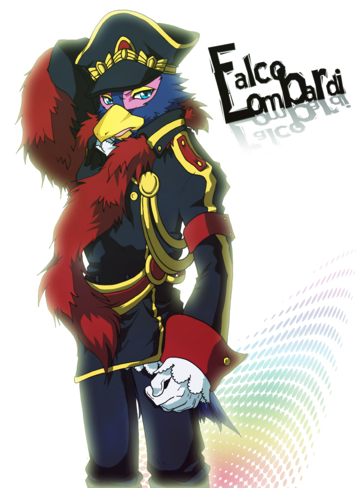 bird blue_eyes blue_fur english_text falco_lombardi falcon fur gloves hemo looking_at_viewer male military_uniform nintendo plain_background solo star_fox text video_games white_background