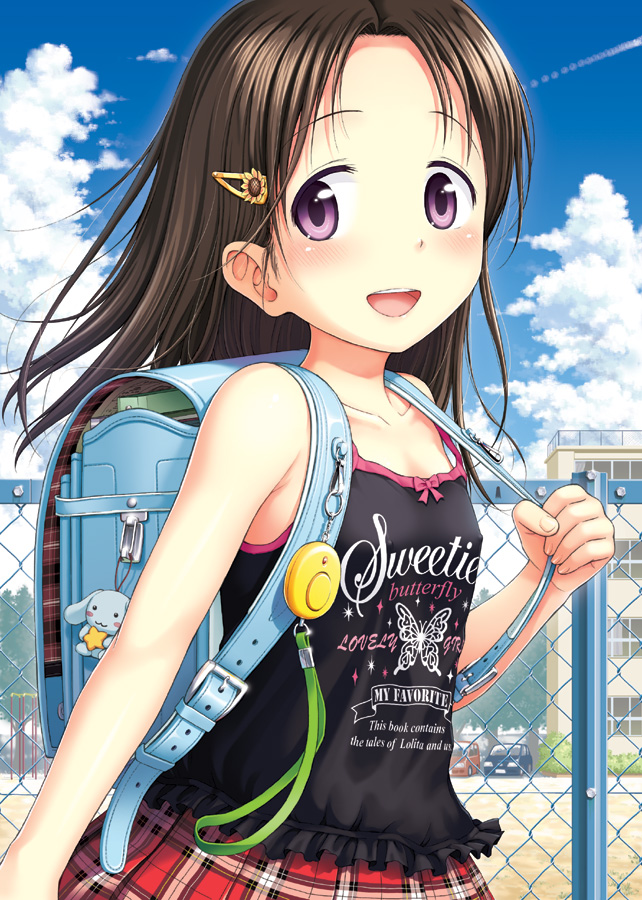 backpack bag bare_shoulders blush brown_hair chain-link_fence child clothes_writing covered_nipples crime_prevention_buzzer english fence flat_chest flower hair_ornament hairclip long_hair open_mouth original plaid plaid_skirt purple_eyes quzilax randoseru skirt smile solo sunflower