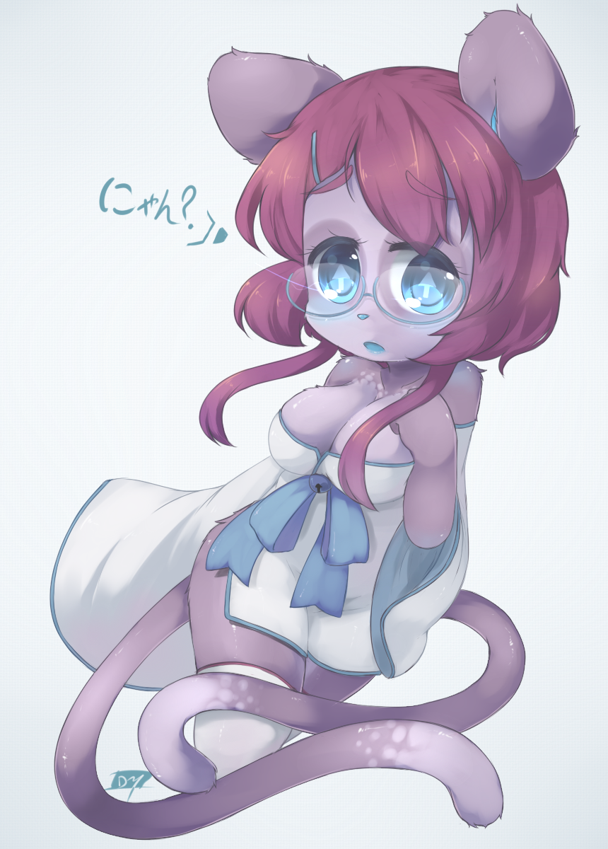 bear bell blue_eyes blush breasts cat dress feline female hair hybrid legwear loliswitch long_sleeves looking_at_viewer mammal multiple_tails open_mouth panda red_hair ribbons short_hair thigh_highs
