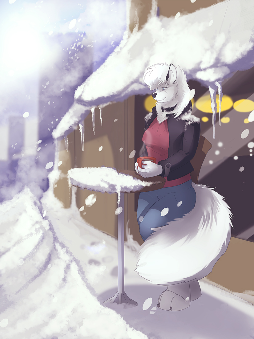 blue_eyes cafe claws clothing coffee cold collar female fluffy_tail fur hair icicle jacket jeans no_swift outside smile snow snowing solo white_fur white_hair winter