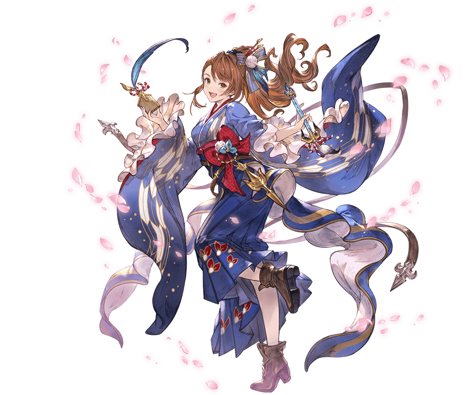 1girl ankle_boots bangs beatrix_(granblue_fantasy) boots brown_eyes brown_footwear brown_hair cherry_blossoms detached_sleeves ema full_body granblue_fantasy hair_ornament hair_stick holding japanese_clothes kimono leg_up long_hair long_sleeves looking_at_viewer minaba_hideo obi official_art open_mouth paintbrush parted_bangs petals sash shiny shiny_hair smile solo transparent_background wide_sleeves