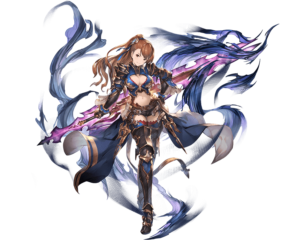 1girl armor armored_boots bangs beatrix_(granblue_fantasy) belt boots breasts brown_eyes brown_hair cleavage closed_mouth detached_sleeves full_body gloves glowing glowing_weapon granblue_fantasy hair_ornament hand_on_hip holding holding_sword holding_weapon long_hair looking_at_viewer medium_breasts midriff minaba_hideo navel official_art overskirt parted_bangs pauldrons ponytail reverse_grip shiny shiny_clothes shiny_hair shorts shoulder_armor smile solo sword thighhighs weapon