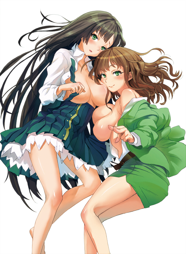 bad_id bad_pixiv_id black_hair blush breasts breasts_outside brown_hair green_eyes hinokore koi_to_senkyo_to_chocolate large_breasts legs long_hair multiple_girls nose open_clothes school_uniform shinonome_hazuki shinonome_satsuki siblings simple_background sisters smile underboob very_long_hair white_background