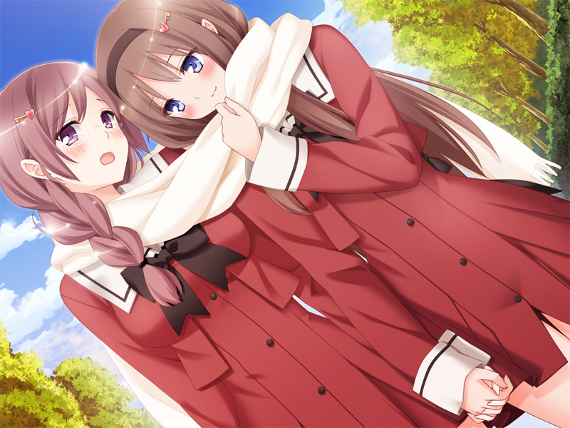 blue_eyes blush brown_hair cloud cousins day game_cg glasses hair_ornament hairclip heart holding_hands kitajima_kaede kitajima_sara multiple_girls open_mouth peko purple_eyes scarf school_uniform shared_scarf sky smile sono_hanabira_ni_kuchizuke_wo st._michael's_school_uniform tree yuri