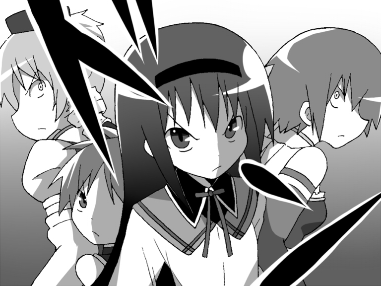 akemi_homura beret black_hair cape child comic constricted_pupils detached_sleeves drill_hair gogiga_gagagigo gradient gradient_background greyscale hairband hat long_hair magical_girl mahou_shoujo_madoka_magica miki_sayaka monochrome multiple_girls sailor_collar sakura_kyouko short_hair tomoe_mami younger