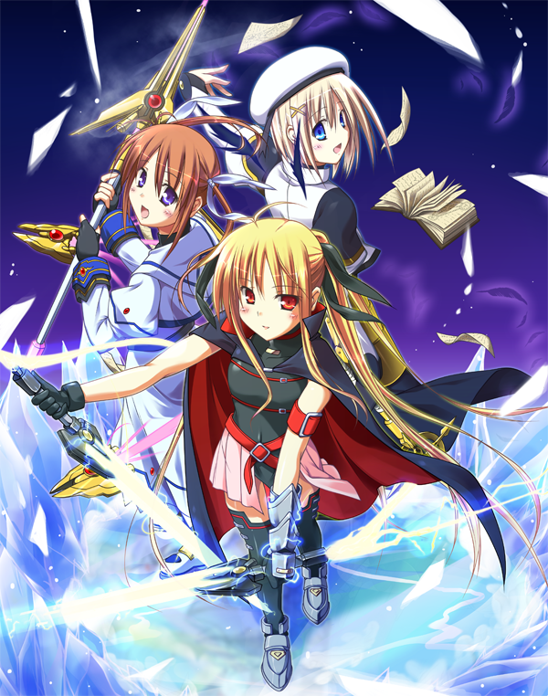 bardiche blonde_hair blue_eyes book cape fate_testarossa hat ice long_hair lyrical_nanoha mahou_shoujo_lyrical_nanoha mahou_shoujo_lyrical_nanoha_a's multiple_girls raising_heart red_eyes schwertkreuz staff sword t-ray takamachi_nanoha thighhighs tome_of_the_night_sky twintails weapon yagami_hayate