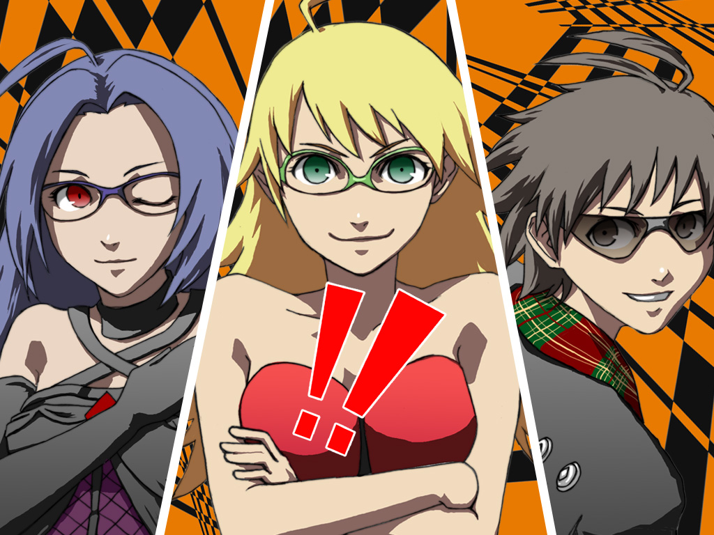 all-out_attack bare_shoulders blonde_hair cut-in glasses hoshii_miki idolmaster idolmaster_(classic) idolmaster_1 kikuchi_makoto miura_azusa multiple_girls one_eye_closed parody persona persona_4 plaid punkish_gothic zearthp