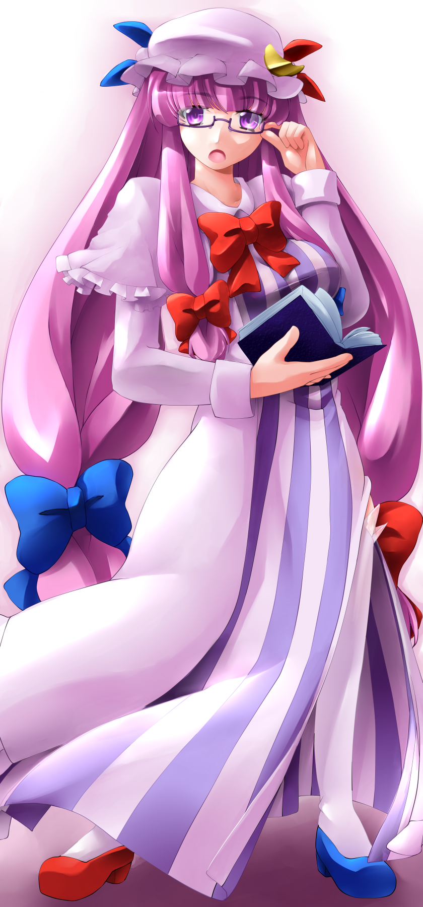 adjusting_eyewear bespectacled blush book bow crescent dress glasses hat hat_bow highres long_hair looking_at_viewer mismatched_footwear open_mouth patchouli_knowledge purple_eyes purple_hair shiromiza_kana solo touhou