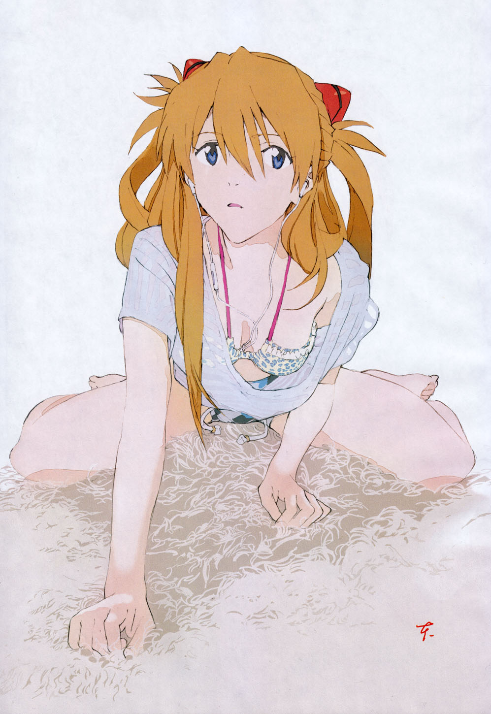 bare_legs barefoot blue_eyes bra earbuds earphones hair_ornament highres honda_takeshi long_hair neon_genesis_evangelion official_art open_clothes open_shirt rebuild_of_evangelion scan shikinami_asuka_langley shirt solo souryuu_asuka_langley underwear