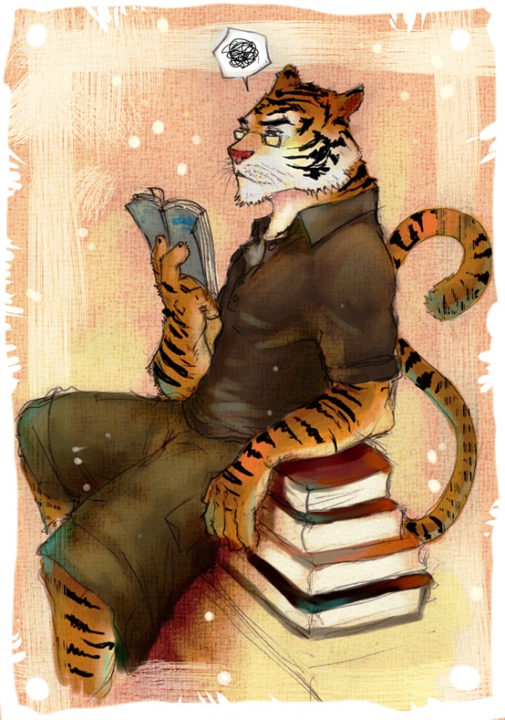 book clothing dialog dialogue eyewear feline fur glasses male mammal orange_fur pockyrumz reading solo text tiger white_fur