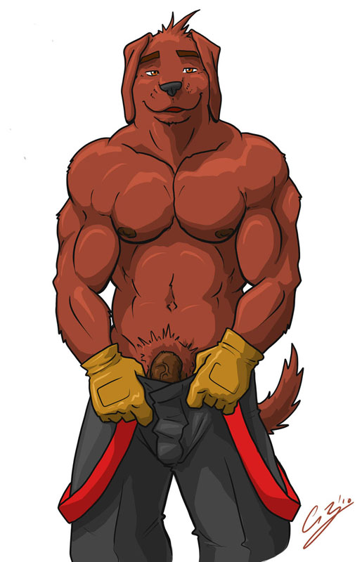 anthro balls biceps brown_fur bulge canine chestnuts_(artist) clothed clothing dog firefighter firefighter_uniform firehose fur gloves gus half-dressed handsome hose hunk looking_at_viewer male mammal manful manly muscles nipples pants pecs penis pose solo teasing topless undressing uniform vein