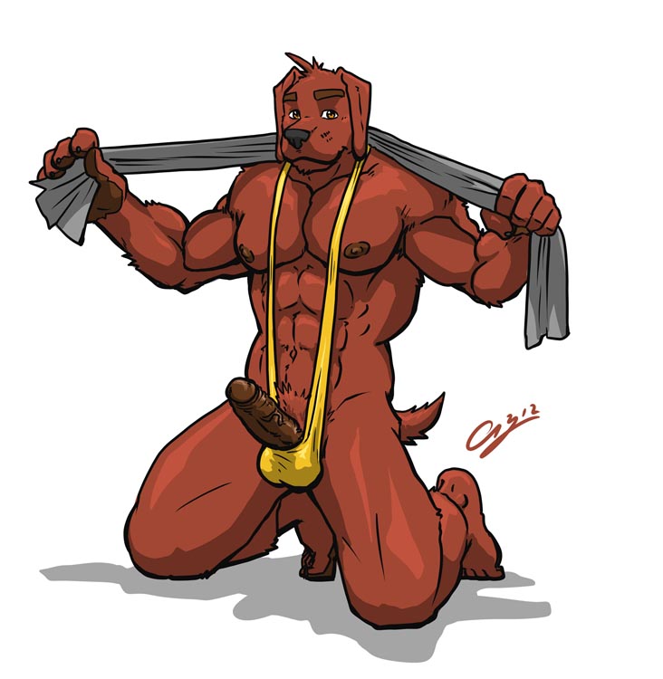 anthro balls biceps brown_fur canine chestnuts_(artist) dog erection fur gus kneeling looking_at_viewer male mammal mankini muscles nipples pecs penis pose presenting solo thong uncut vein