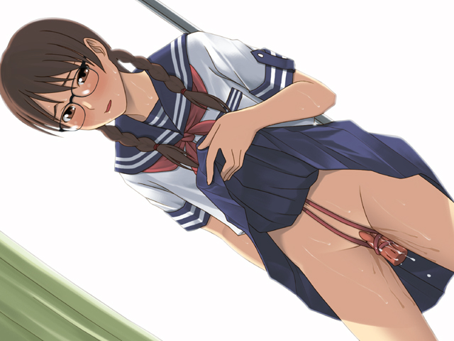 bdsm blush bondage bound braid brown_eyes brown_hair crotch_rope curtains dildo dildo_harness dutch_angle glasses hair_over_shoulder nanase_ruo no_panties object_insertion open_mouth pussy_juice real_intention school_uniform serafuku skirt skirt_lift solo sweat twin_braids twintails vaginal window yizumi