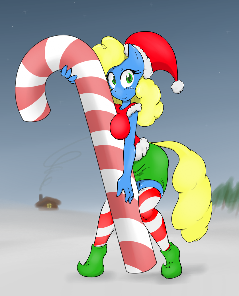 anthro big_breasts blonde_hair blush breasts candy candy_cane christmas cute equine female green_eyes hair hat holidays horse house looking_at_viewer mammal outside pixie_(character) pony santa_hat skirt smile snow