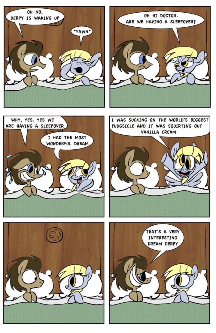 bed big_smile blue_eyes comic derpy_hooves_(mlp) doctor_whoof_(mlp) equine female friendship_is_magic horse innuendo male my_little_pony pegasus pillow pony waggonercartoons wings