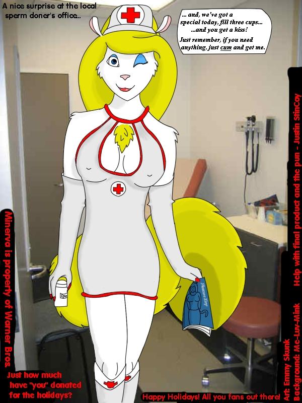 anthro bottle cheesy_joke chest_tuft cleavage clothed clothing compression_artifacts emmy_skunk emmy_skunk_(artist) english_text female fur lipstick magazine mammal minerva_mink mink ms_paint mustelid nurse one_eye_closed pornography solo text tuft wink