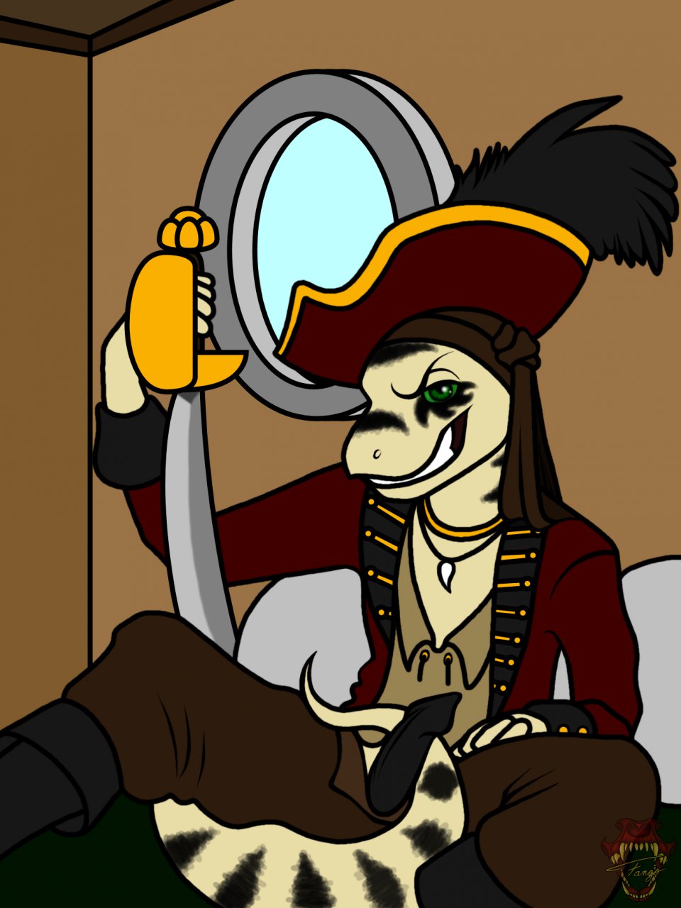 boots clothed clothing coat creature71 cutlass erection fangsofwhite green_eyes grin hat inside looking_at_viewer male necklace nude open_pants pants penis pirate pirate_hat reptile scalie sitting spread_legs spreading sword weapon window