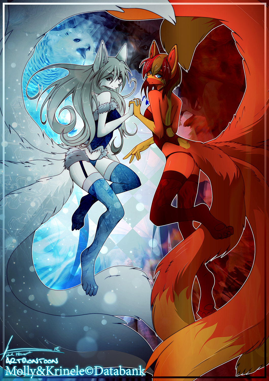 databank female fire fur hair hindpaw ice iontoon krinele legwear looking_at_viewer mammal markings molly_fullin multiple_tails panties paws red_fur red_hair silver_fur silver_hair stockings underwear white_hair