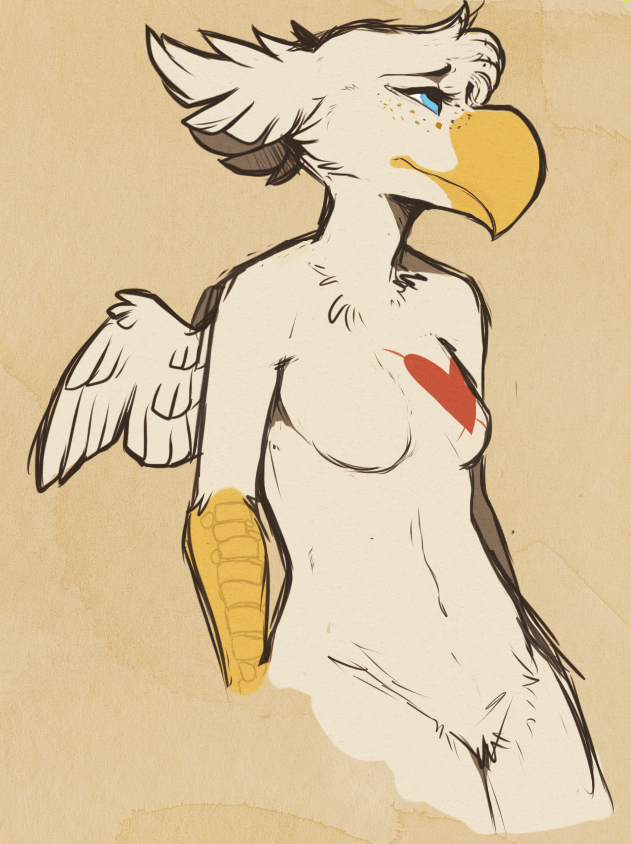 &lt;3 avian beak blue_eyes breasts female gryphon hoot hoot_(character) looking_away nude solo tattoo white_feathers wings