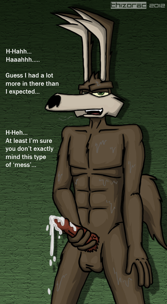 abs anthro balls biceps brown_fur canine cartoon coyote cum dialog dialogue english_text erection fur loonatics_unleashed male mammal masturbation muscles nude open_mouth orgasm paws pecs penis solo standing tech_e_coyote text thizorac tongue warner_brothers