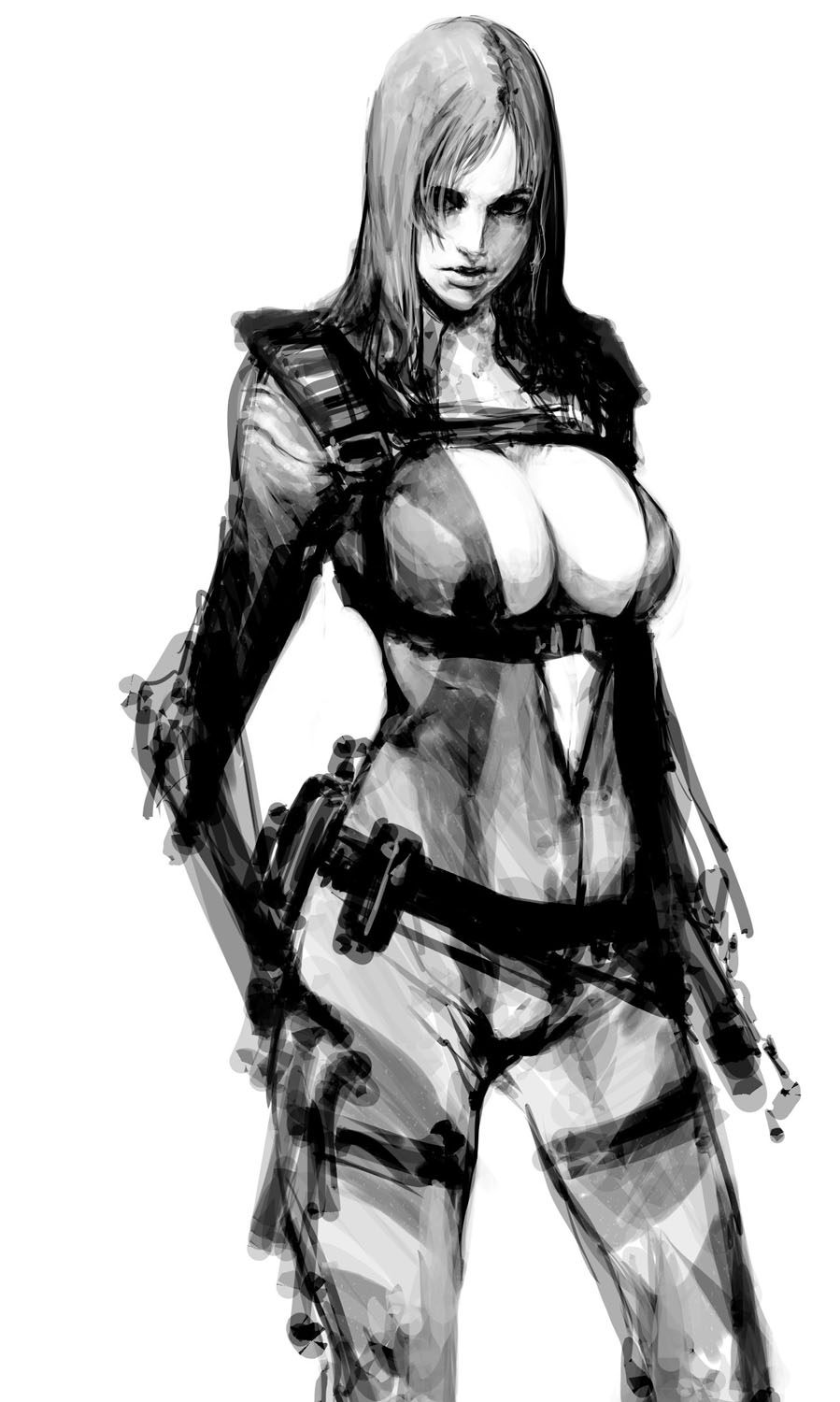 breasts cleavage greyscale hair_down highres holster ikeda_masateru jill_valentine large_breasts lips monochrome resident_evil_revelations solo unzipped wetsuit