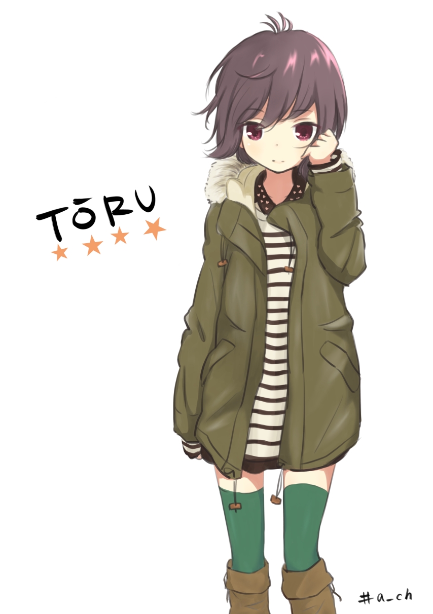 a_channel boots brown_eyes brown_hair character_name coat fur_trim highres ichii_tooru knee_boots machahiro_(shiitake) short_hair solo striped thighhighs zettai_ryouiki