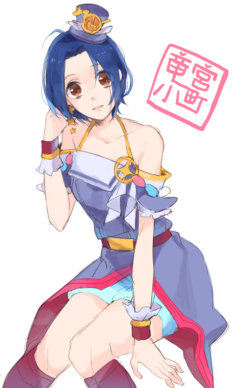 bad_id bad_pixiv_id belt blue_hair brown_eyes earrings gomi_chiri hat idolmaster idolmaster_(classic) jewelry miura_azusa off_shoulder palace_of_dragon_(idolmaster) short_hair solo wrist_cuffs