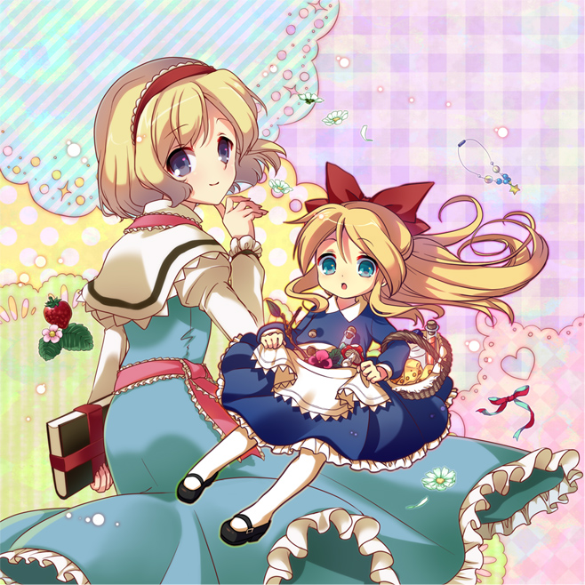 alice_margatroid amo apron back basket blonde_hair blue_eyes blush book bottle bow capelet cheese daisy doll dress flower food fruit hair_bow hairband heart long_hair mary_janes mushroom open_mouth pansy pantyhose ribbon sash shanghai_doll shoes short_hair skirt skirt_basket smile strawberry strawberry_blossoms test_tube touhou white_legwear