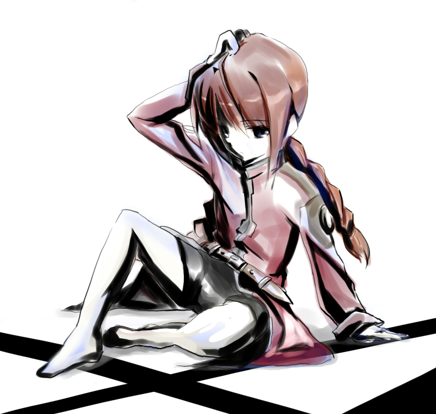 arms_up full_body long_hair long_sleeves lyrical_nanoha mahou_shoujo_lyrical_nanoha md5_mismatch pantyhose scratching_head simple_background sitting solo very_long_hair vita wagashi_(okashina) white_background white_legwear